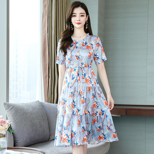 SM-V20621法式真丝新款气质中长裙收腰褶皱大摆裙 商品图1