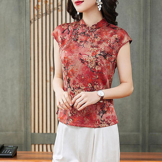 JXG-缎面碎花上衣女2020新款女装中老年妈妈夏装插肩袖套头衬衫汉服 商品图1