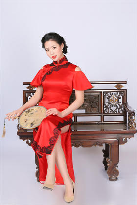 荷言HEYEN 霜叶红 重磅真丝+手工盘扣+撞色蕾丝+露肩荷叶袖手工旗袍