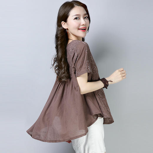 AHM-rffs8532文艺风棉麻圆领短袖T恤女宽松打底上衣 商品图4