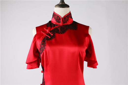 荷言HEYEN 霜叶红 重磅真丝+手工盘扣+撞色蕾丝+露肩荷叶袖手工旗袍 商品图5