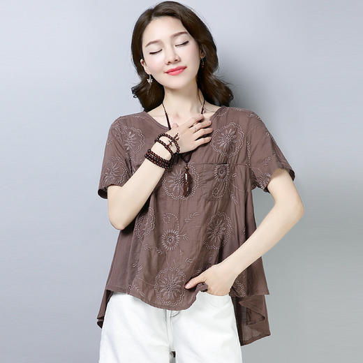 AHM-rffs8532文艺风棉麻圆领短袖T恤女宽松打底上衣 商品图2