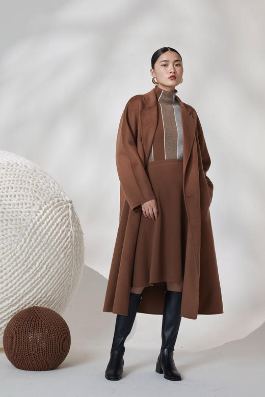  秋冬 双排扣水波纹羊绒呢女长大衣 SJF92W821N 商品图0