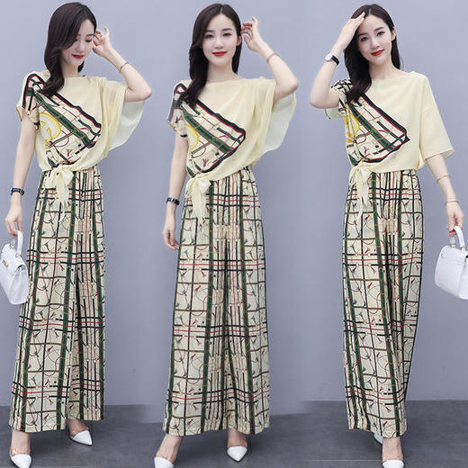 QC-ZWYR1173新款时尚碎花雪纺衫阔腿裤套装 商品图1