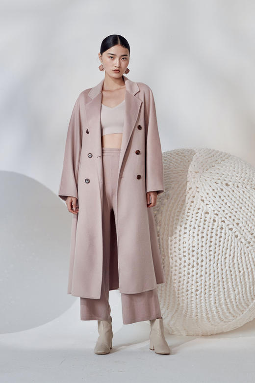  秋冬 双排扣水波纹羊绒呢女长大衣 SJF92W821N 商品图5