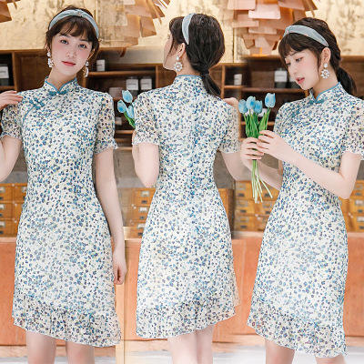 XL 2202 改良版旗袍女夏年轻款中国风鱼尾旗袍中长款少女泡泡袖日常旗袍裙 商品图2