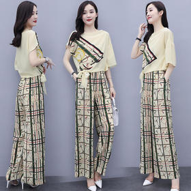 QC-ZWYR1173新款时尚碎花雪纺衫阔腿裤套装