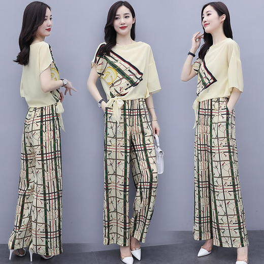 QC-ZWYR1173新款时尚碎花雪纺衫阔腿裤套装 商品图0