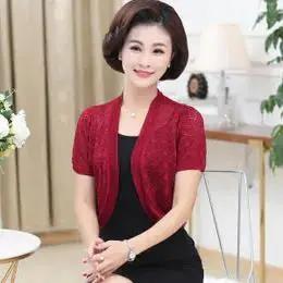 PDD-妈妈冰丝针织披肩外套 半袖镂空上衣坎肩