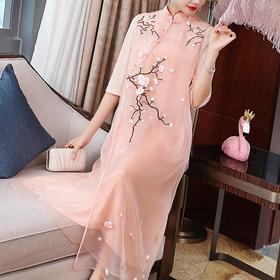 KDS1253新款气质立领绣花宽松欧根纱连衣裙