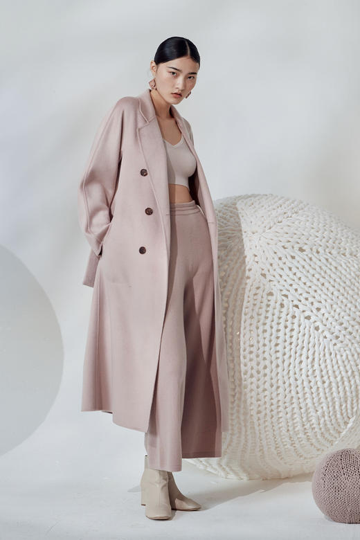  秋冬 双排扣水波纹羊绒呢女长大衣 SJF92W821N 商品图3