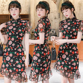 XL 2202 改良版旗袍女夏年轻款中国风鱼尾旗袍中长款少女泡泡袖日常旗袍裙