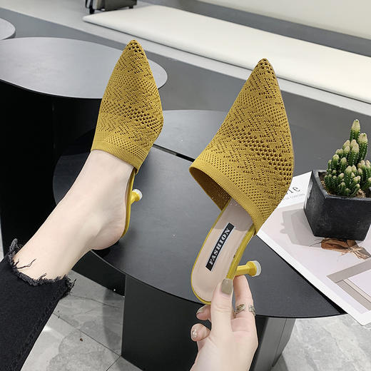 CB-66999新款针织细跟高跟气质飞织网红懒人包头半拖鞋 商品图0