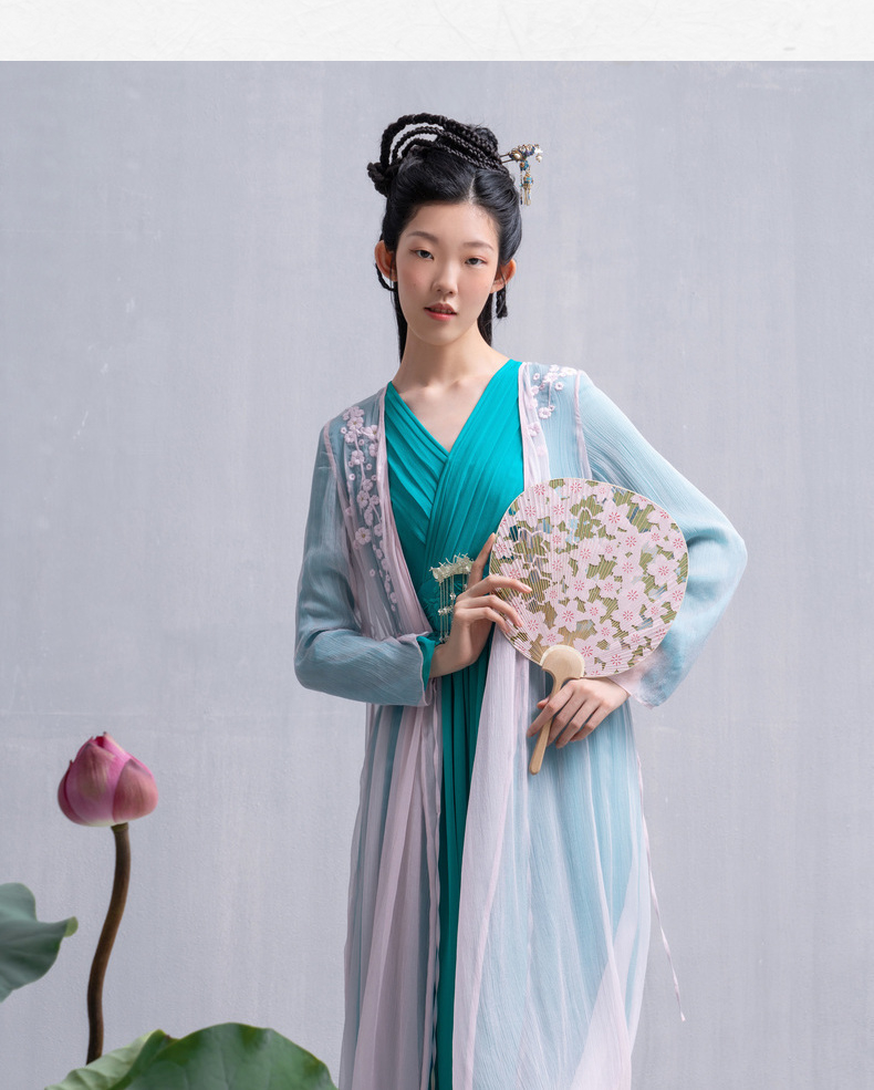 【林栖设计小店】秋季新款汉服改良交襟领绣花长袖真丝连衣裙收腰长裙