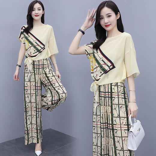 QC-ZWYR1173新款时尚碎花雪纺衫阔腿裤套装 商品图2