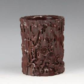 喜上梅梢°黑檀笔筒