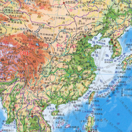 世界地形图，1.06m x 0.74m 世界各国地形版 带等高线 地理地图 1：3300W比例尺 商品图2