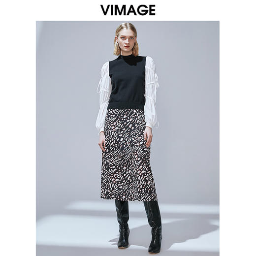 VIMAGE纬漫纪秋款复古洋气泡泡袖修身针织衫上衣女显瘦V1401005 商品图1