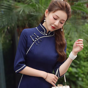 XGT2310缎面提花中袖全开襟中国风旗袍裙