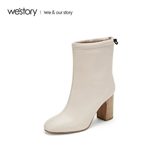 westory新品中筒软皮粗跟圆头靴女显瘦W29DS80051 商品图3