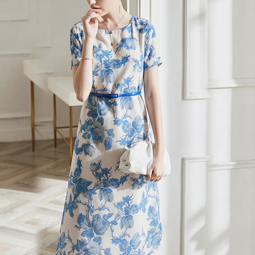 丁摩 重磅真丝配真皮腰带连衣裙女夏季气质收腰桑蚕丝裙子20-186DL699 商品图8