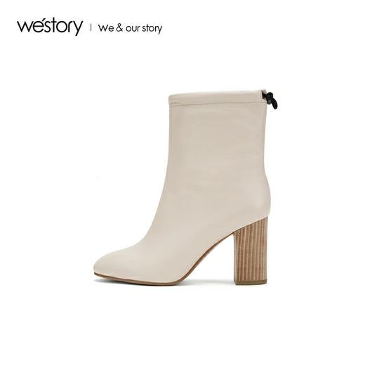 westory新品中筒软皮粗跟圆头靴女显瘦W29DS80051 商品图1