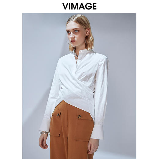 VIMAGE纬漫纪秋款个性洋气交叉绑带设计感通勤喇叭袖衬衫V1409010 商品图2