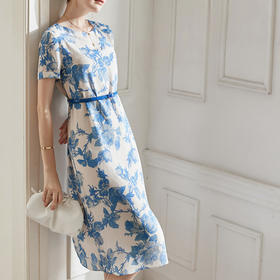 丁摩 重磅真丝配真皮腰带连衣裙女夏季气质收腰桑蚕丝裙子20-186DL699