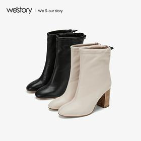 westory新品中筒软皮粗跟圆头靴女显瘦W29DS80051