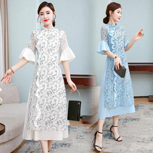 HT-N-E253-9110-110新款中国风优雅气质修身显瘦立领短袖连衣裙 商品图0