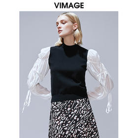 VIMAGE纬漫纪秋款复古洋气泡泡袖修身针织衫上衣女显瘦V1401005
