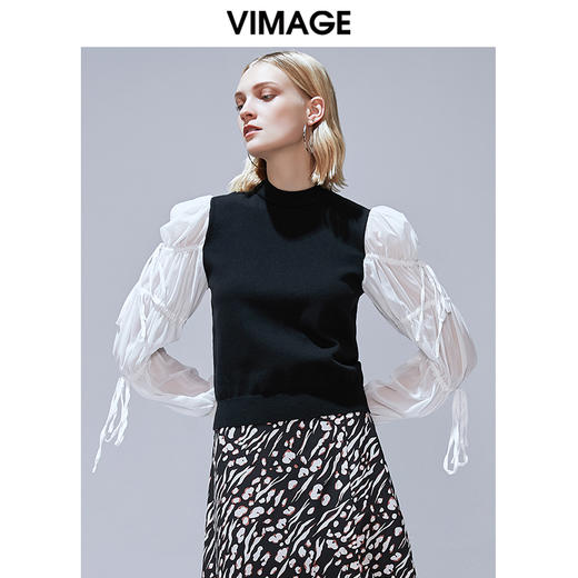 VIMAGE纬漫纪秋款复古洋气泡泡袖修身针织衫上衣女显瘦V1401005 商品图0