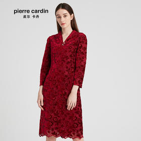 皮尔卡丹女秋季新款酒红色V领长袖连衣裙花边蕾丝裙P94DL02T0
