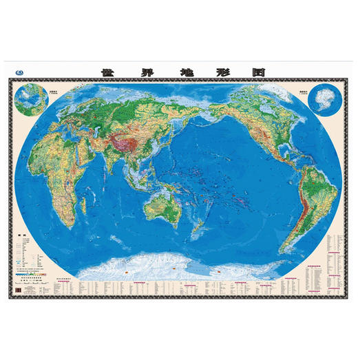 世界地形图，1.06m x 0.74m 世界各国地形版 带等高线 地理地图 1：3300W比例尺 商品图1