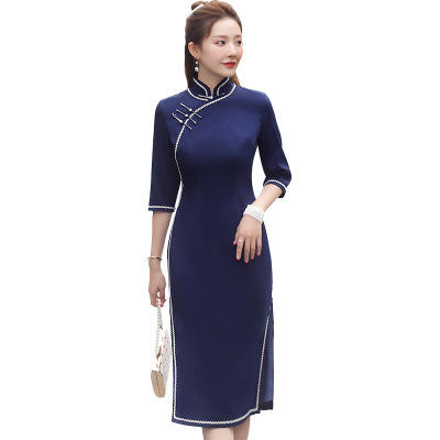 XGT2310缎面提花中袖全开襟中国风旗袍裙 商品图4