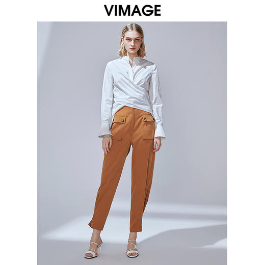 VIMAGE纬漫纪秋款个性洋气交叉绑带设计感通勤喇叭袖衬衫V1409010 商品图1