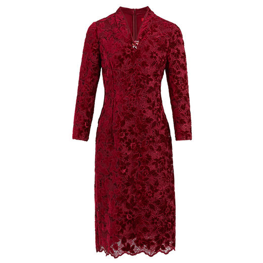 皮尔卡丹女秋季新款酒红色V领长袖连衣裙花边蕾丝裙P94DL02T0
 商品图4