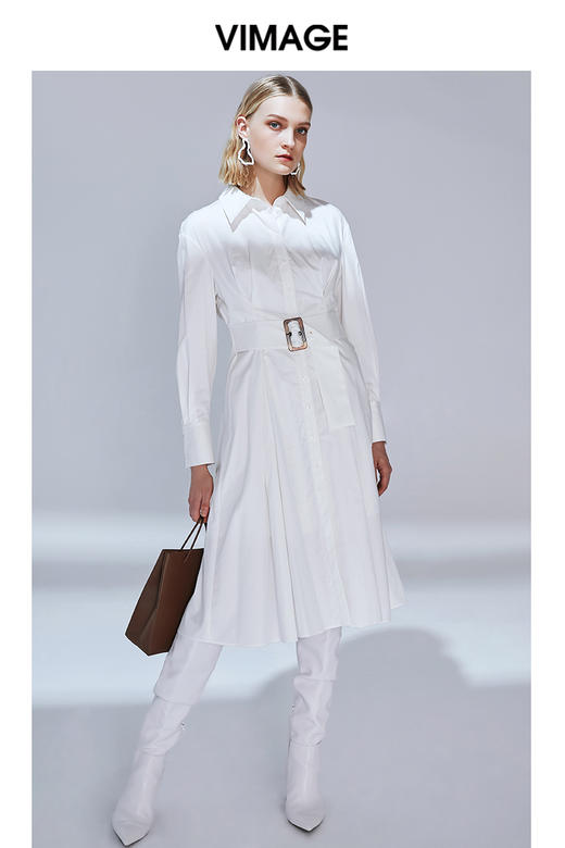 VIMAGE纬漫纪秋款时尚通勤百搭收腰显瘦衬衫A字连衣裙女V1407014 商品图1