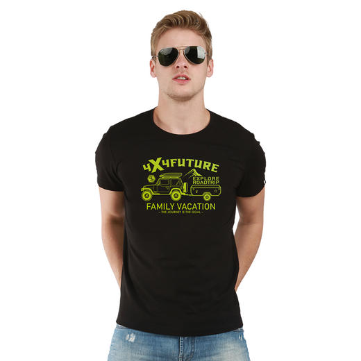 夏季定制流行大码圆领男女常规个性越野短袖纯棉弹力烫画印花T恤 商品图0