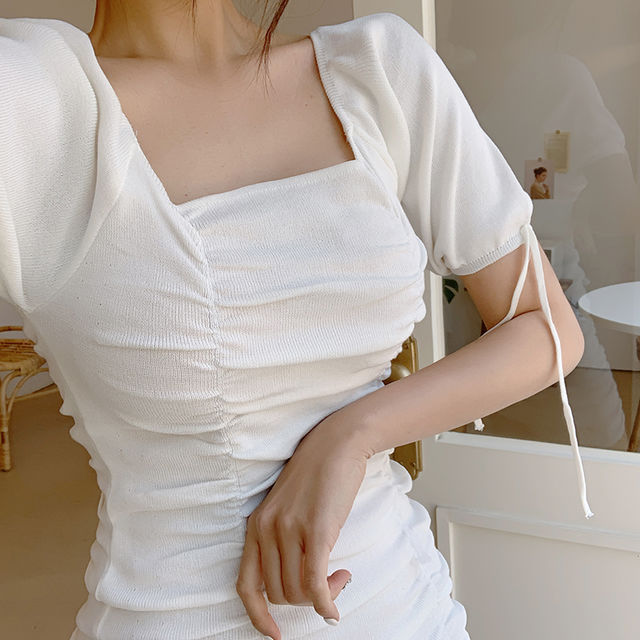Square pleated bubble ribbon knitted dress抽褶泡泡丝带连衣裙JPY带授权招加盟代理