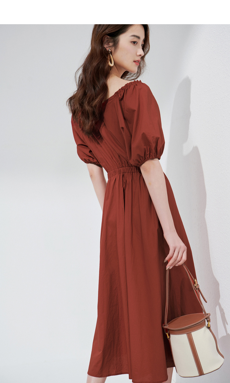 一口价313616034初棉复古大v领锁骨裙显白砖红色连衣裙收腰显瘦泡泡袖