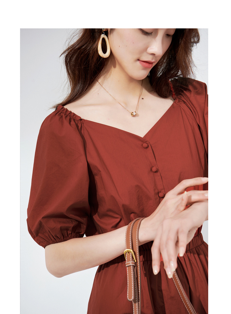 一口价313616034初棉复古大v领锁骨裙显白砖红色连衣裙收腰显瘦泡泡袖