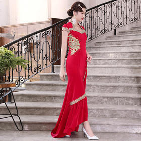 DLQ-A2416红色旗袍连衣裙  中国风女长款气质高端晚礼服