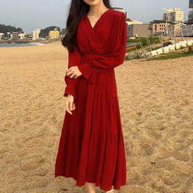 V-neck long sleeve long dress  V领长袖长连衣裙JPY带授权招加盟代理