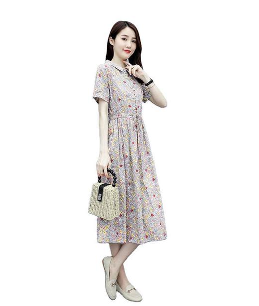 DLL-073棉麻连衣裙    2020新款大码气质收腰显瘦中长款减龄碎花裙 商品图4