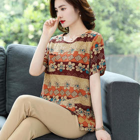 W-859妈妈夏装短袖洋气时尚格子棉麻T恤小衫