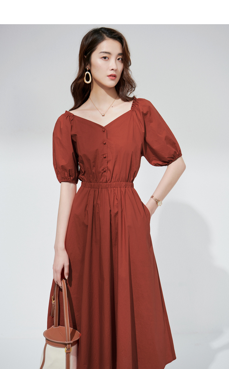 一口价313616034初棉复古大v领锁骨裙显白砖红色连衣裙收腰显瘦泡泡袖