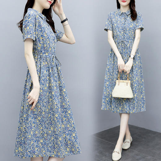 DLL-073棉麻连衣裙    2020新款大码气质收腰显瘦中长款减龄碎花裙 商品图1