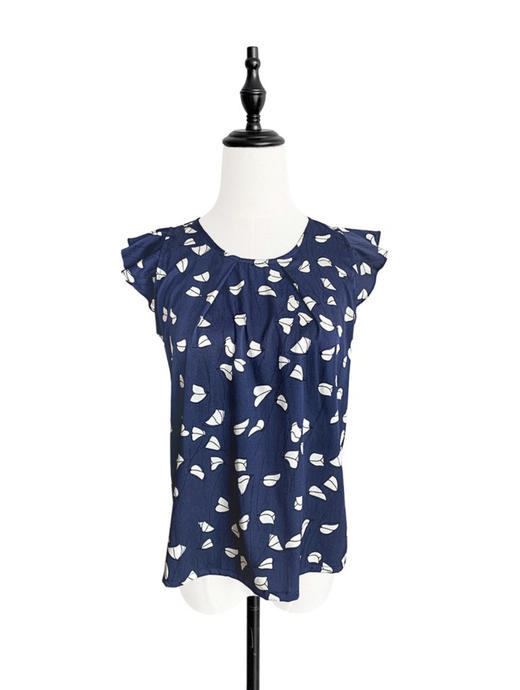 TYNVIE 花边半袖遮肩上衣 - 蓝色印花 商品图1