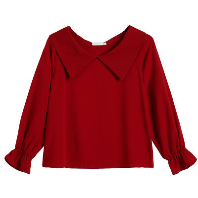 kql604t628娃娃领雪纺衫女长袖打底衫红色上衣